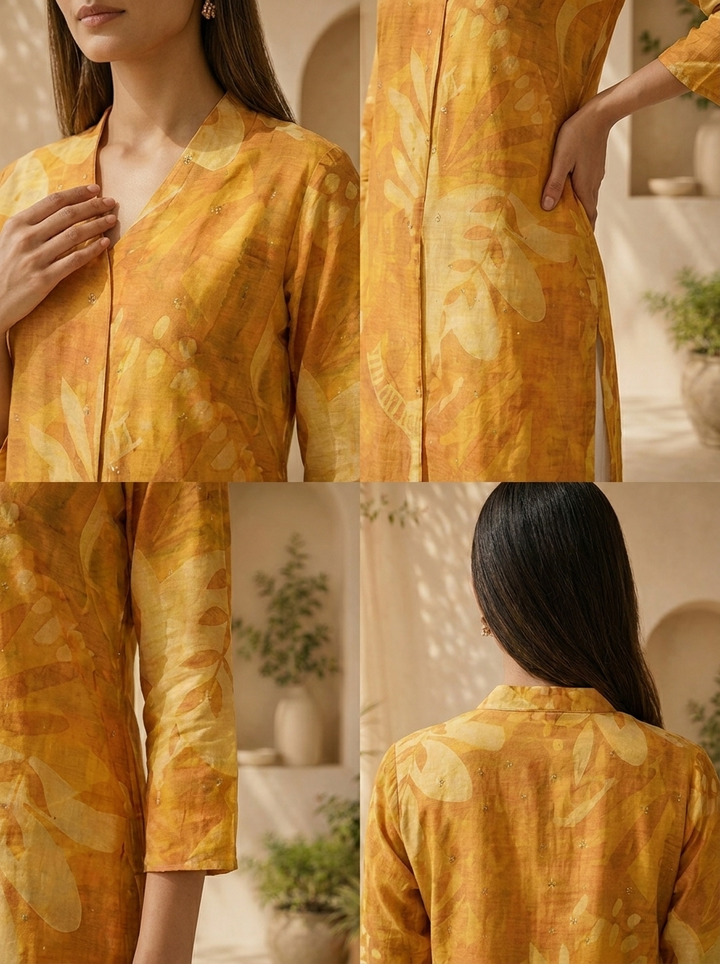 Mustard Solid Design And Printed Silk Kurta