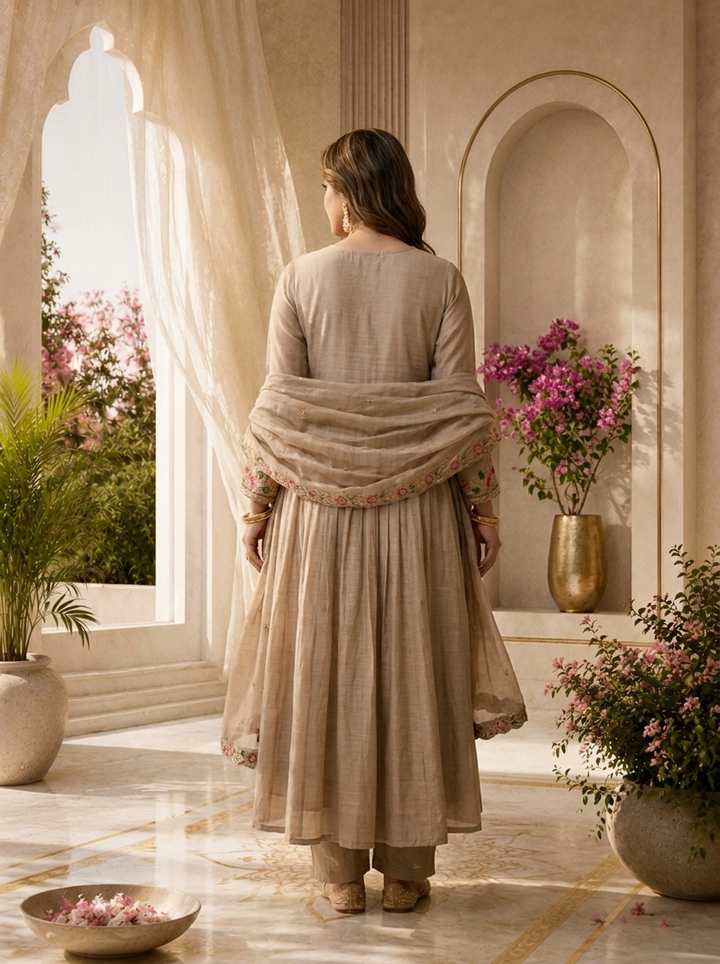 Light Grey Chanderi Hand Thread Embroidery Three Piece Set