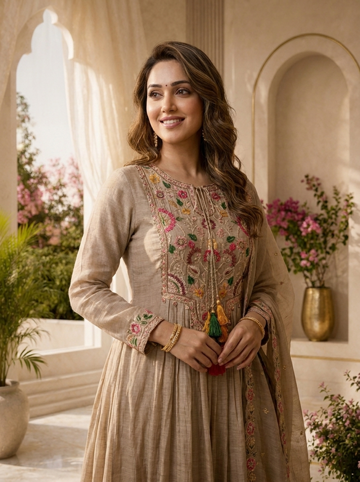 Light Grey Chanderi Hand Thread Embroidery Three Piece Set