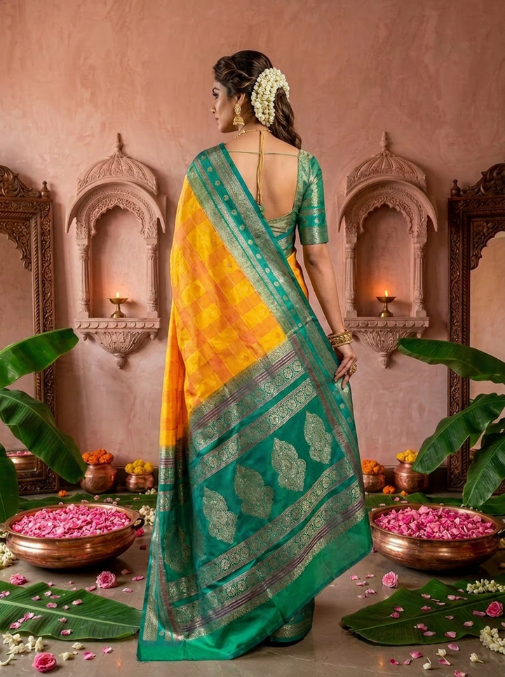 Yellow Banaras Silk Zari Check Design Saree