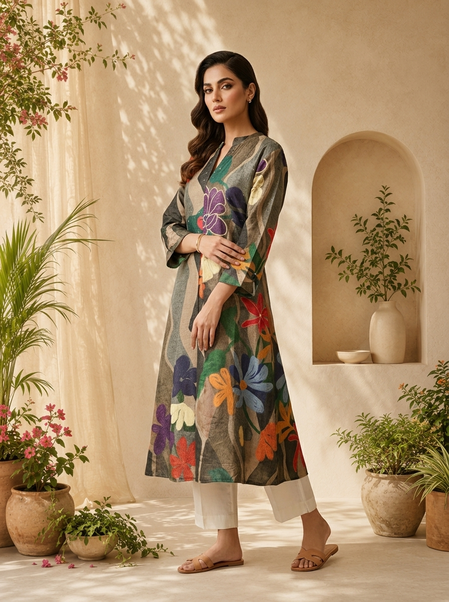 Grey Abstract Floral Print A-Line Silk Kurta