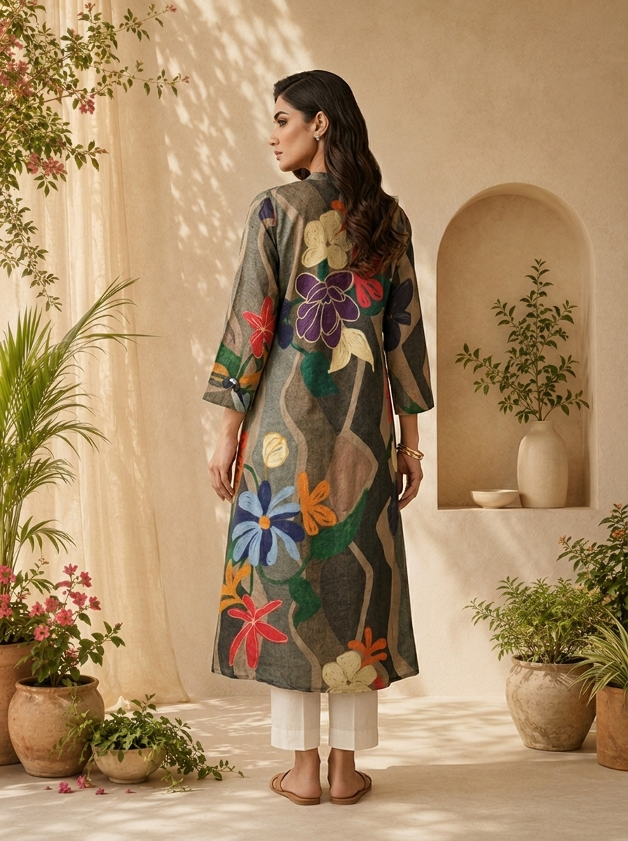 Grey Abstract Floral Print A-Line Silk Kurta