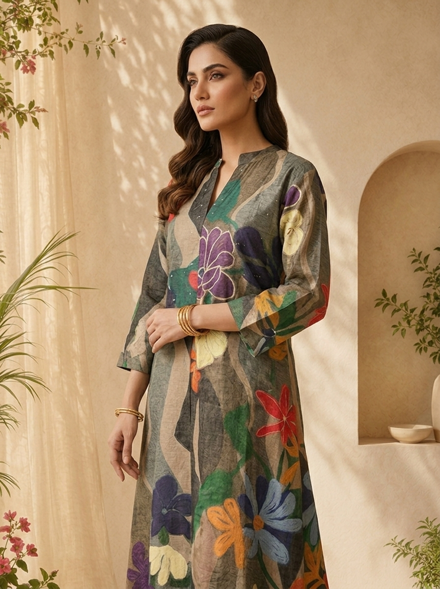 Grey Abstract Floral Print A-Line Silk Kurta