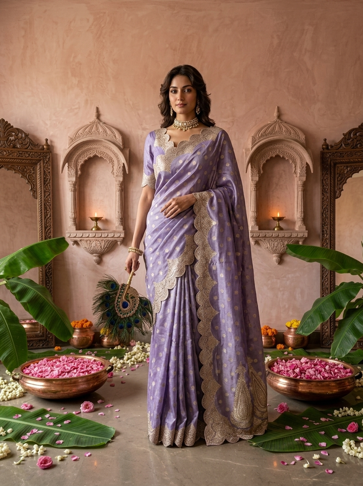 Lavender Silk Paisley Design Weaved Saree