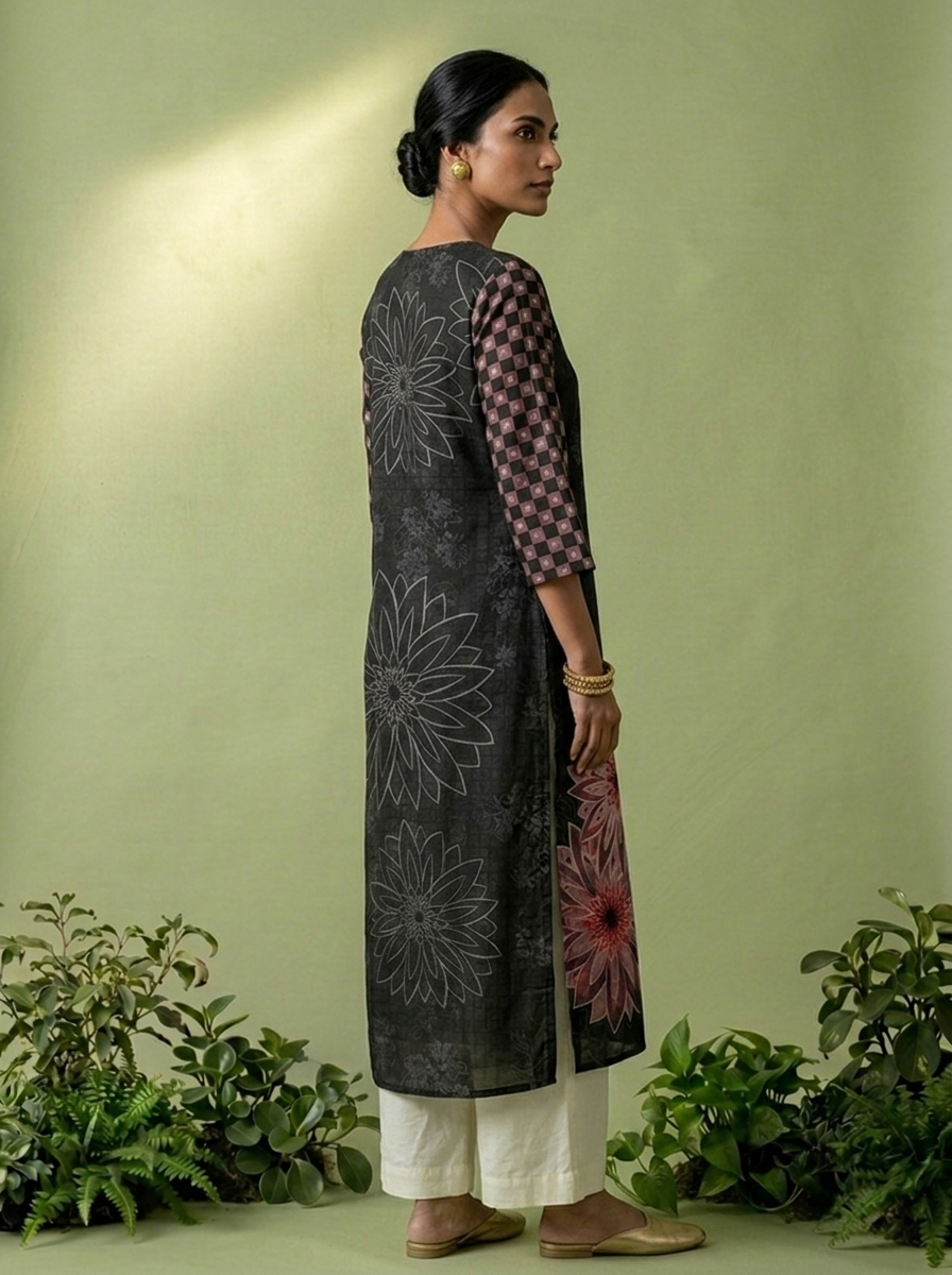 Black Modal Floral Printed Kurta