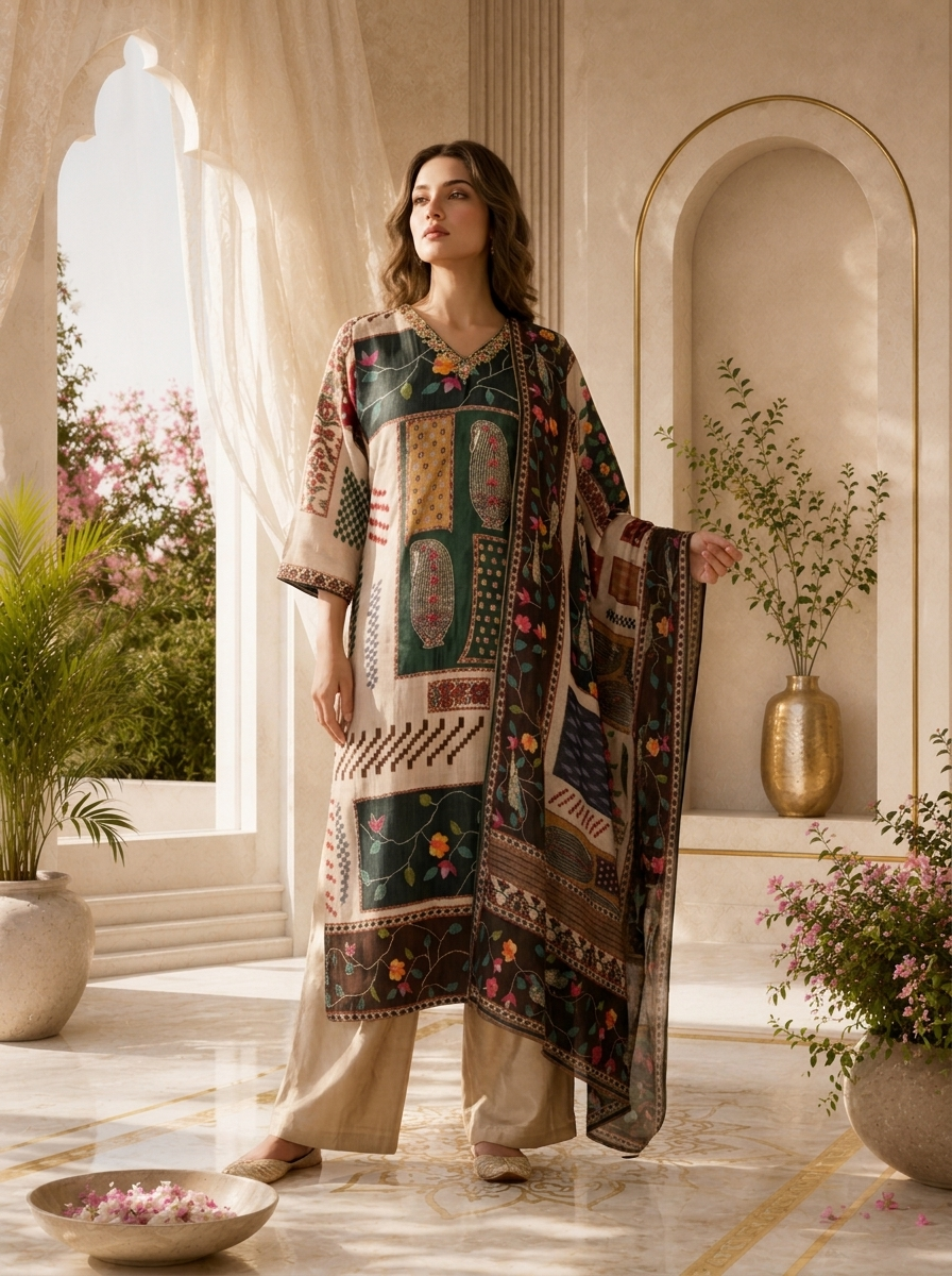Multi Linen Floral Beads Embroidered And Printed Three Piece Set