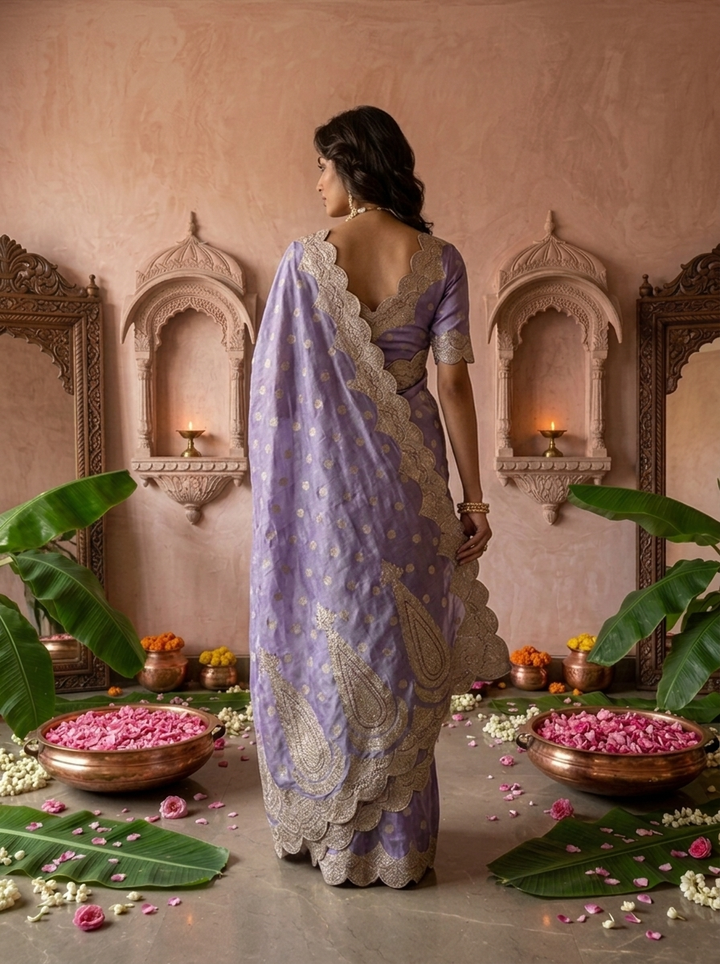 Lavender Silk Paisley Design Weaved Saree
