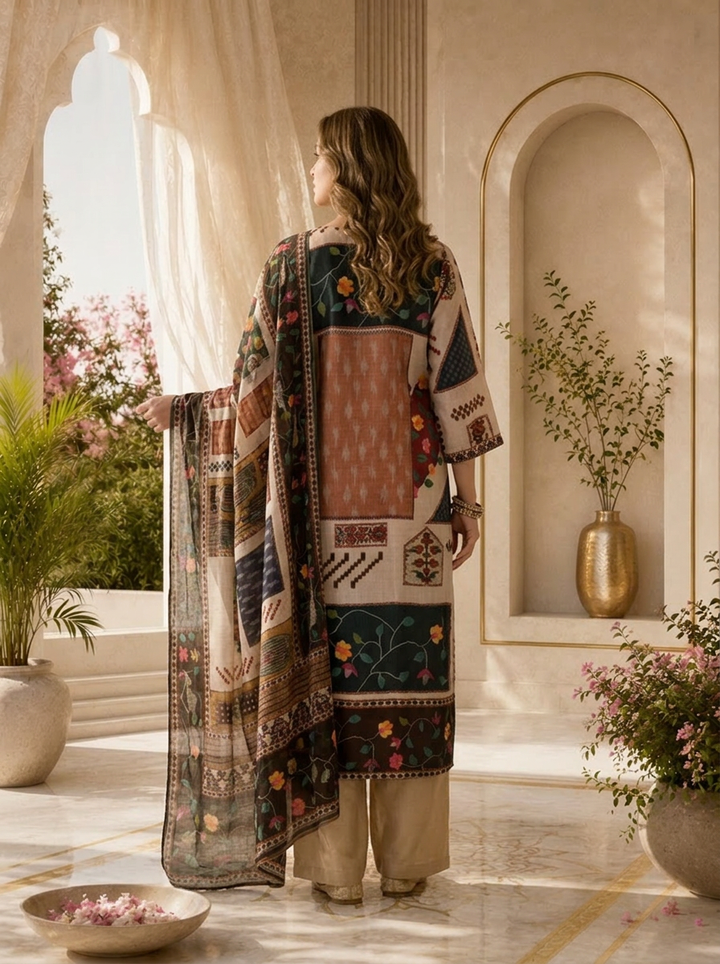 Multi Linen Floral Beads Embroidered And Printed Three Piece Set