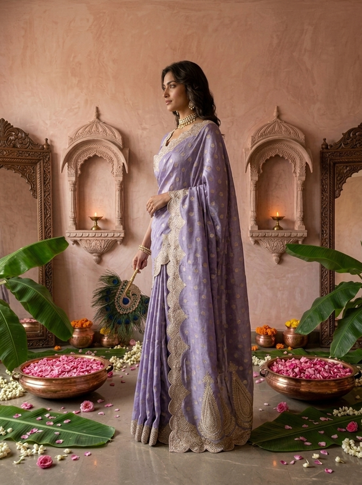 Lavender Silk Paisley Design Weaved Saree