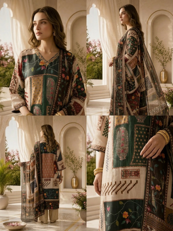 Multi Linen Floral Beads Embroidered And Printed Three Piece Set