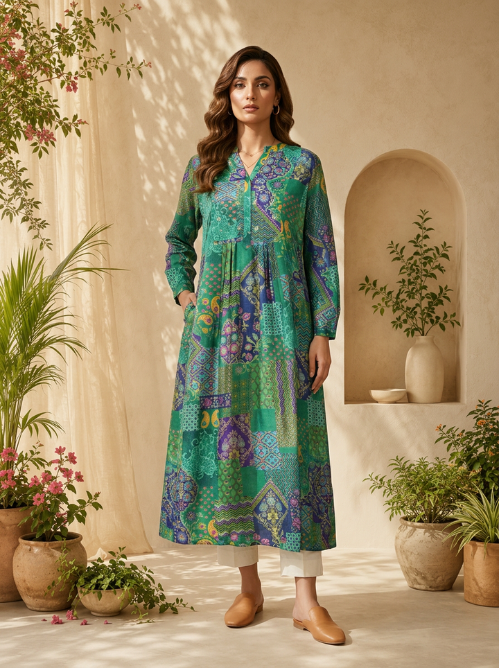 Green Paisley Design And Digital Printed Silk Kurta
