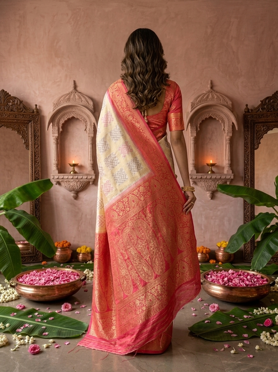 Cream Banaras Silk Geometric Ethnic Motif Printed Saree