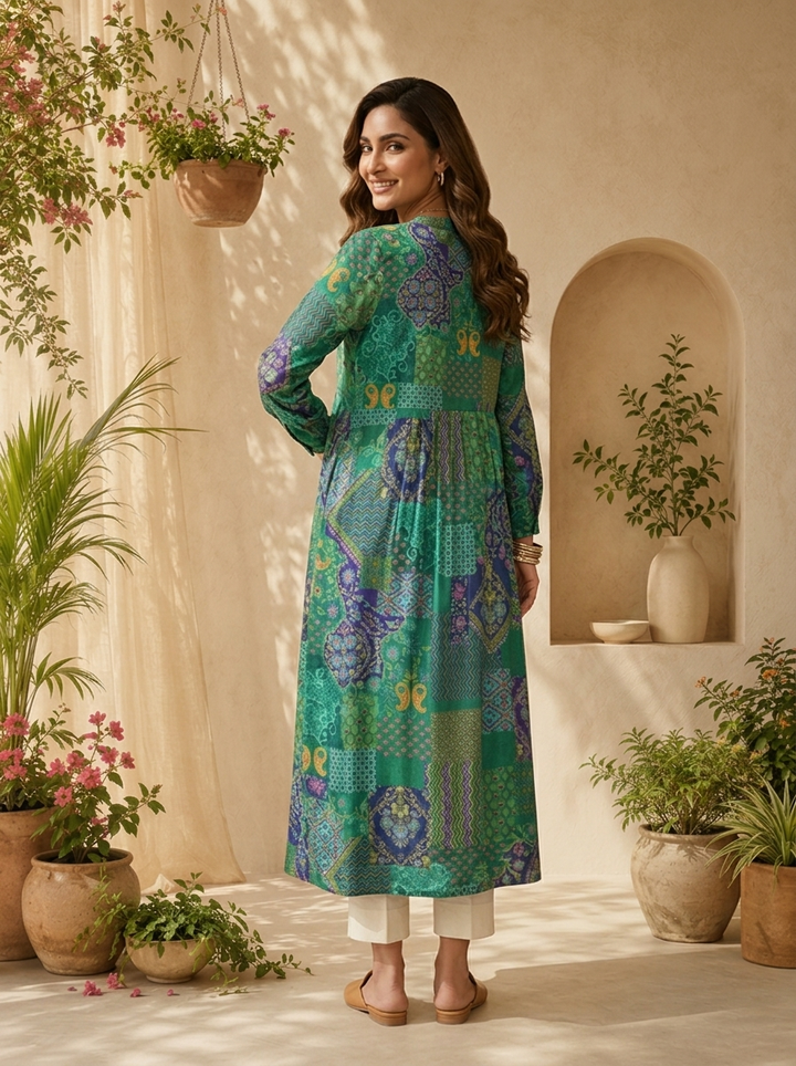 Green Paisley Design And Digital Printed Silk Kurta