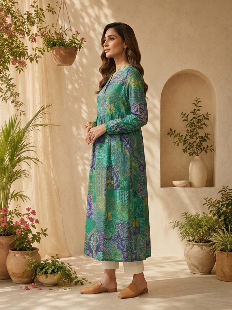 Green Paisley Design And Digital Printed Silk Kurta