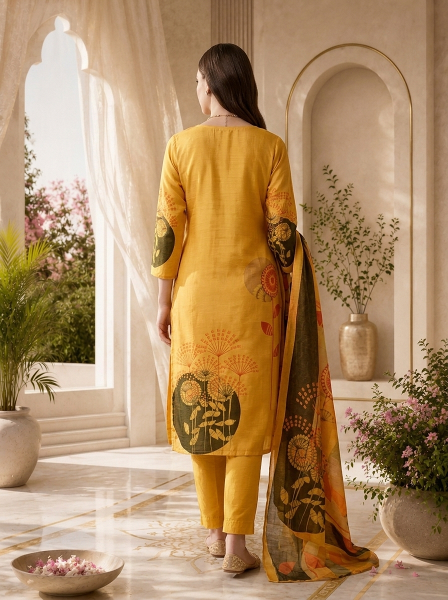 Yellow Silk Sequins Embroidery And Floral Digital Printed Three Piece Set