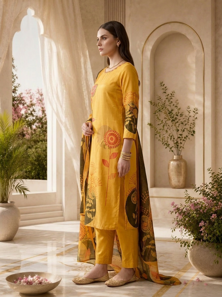 Yellow Silk Sequins Embroidery And Floral Digital Printed Three Piece Set