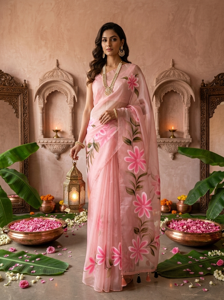 Baby Pink Silk Floral Printed Saree