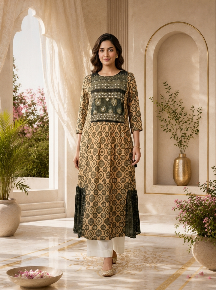 Beige & Black Chinon Traditional Motif Printed Straight Kurta