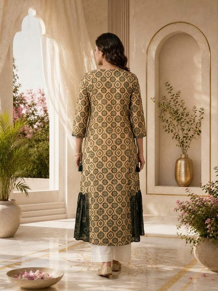 Beige & Black Chinon Traditional Motif Printed Straight Kurta