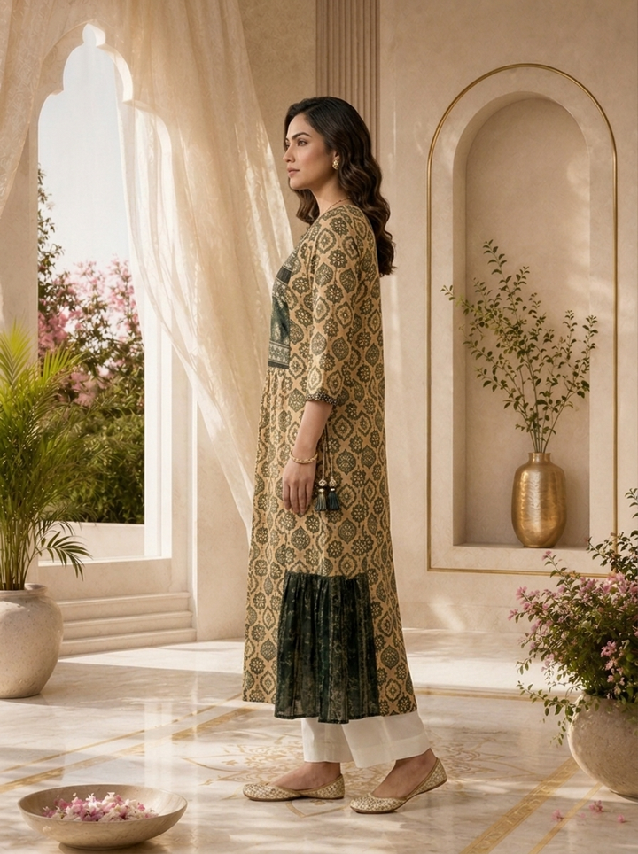 Beige & Black Chinon Traditional Motif Printed Straight Kurta