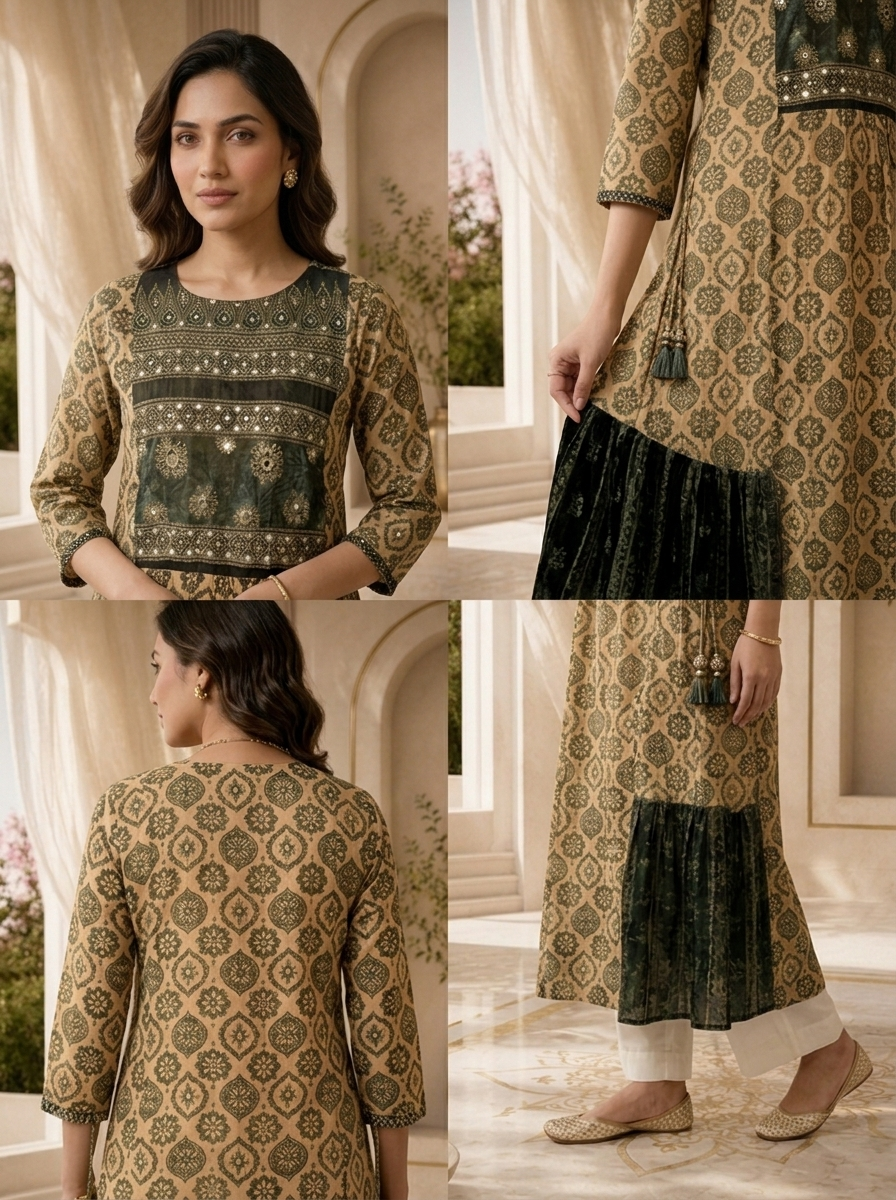 Beige & Black Chinon Traditional Motif Printed Straight Kurta