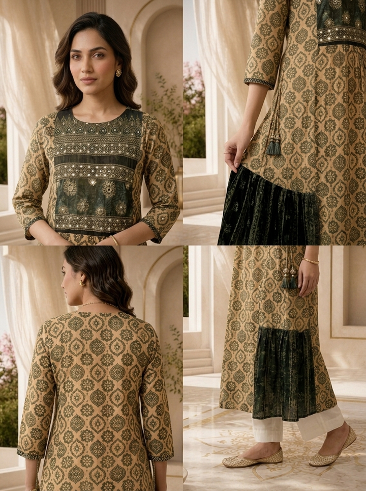 Beige & Black Chinon Traditional Motif Printed Straight Kurta