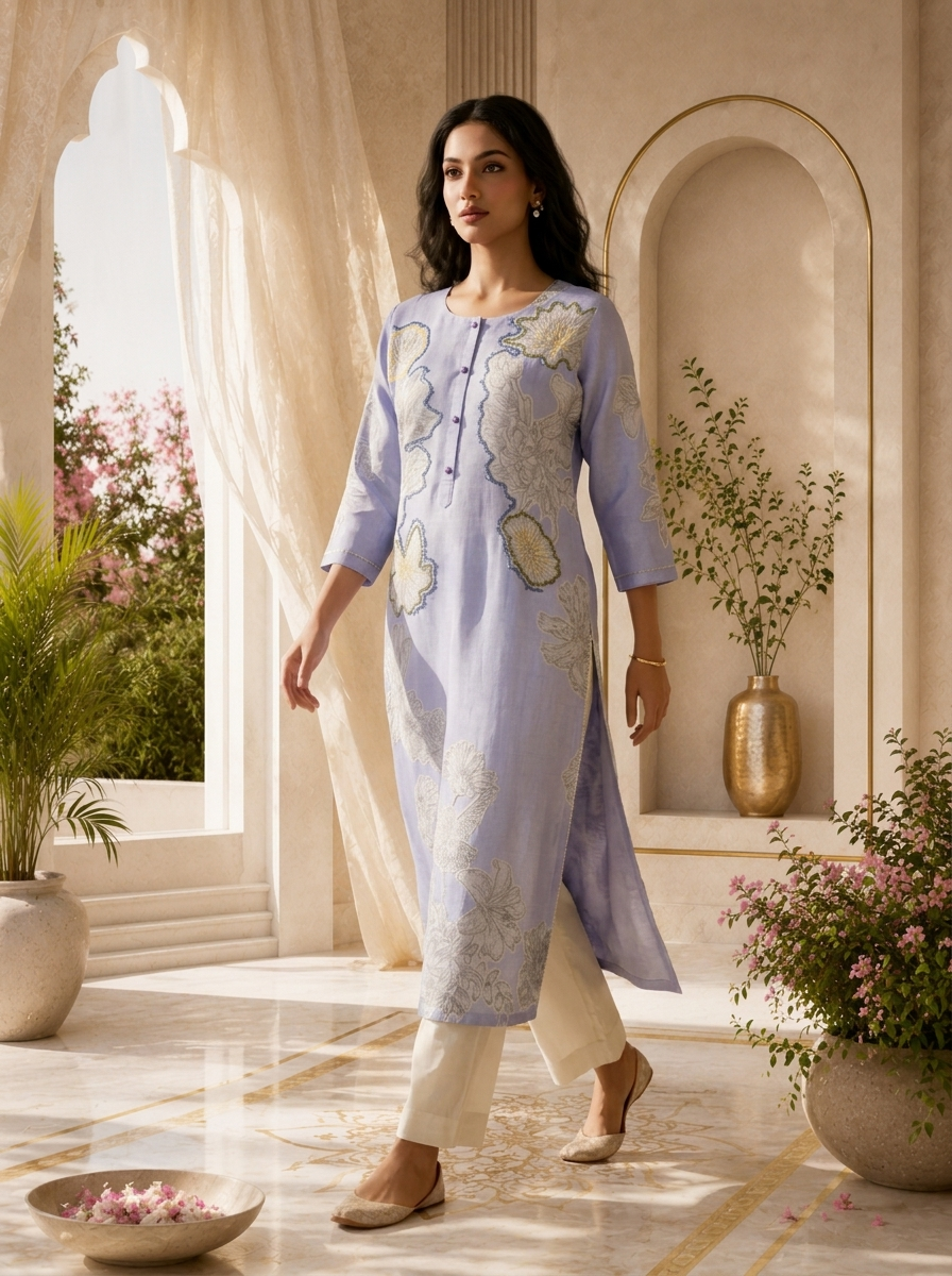 Lavender Floral Design And Beads Embroidered Linen Kurta
