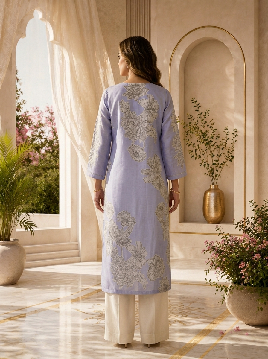 Lavender Floral Design And Beads Embroidered Linen Kurta