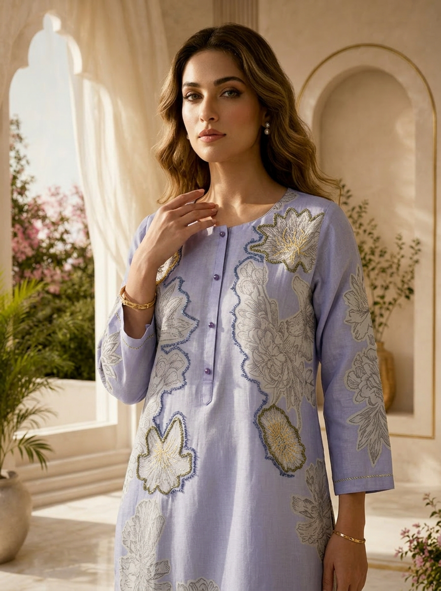 Lavender Floral Design And Beads Embroidered Linen Kurta