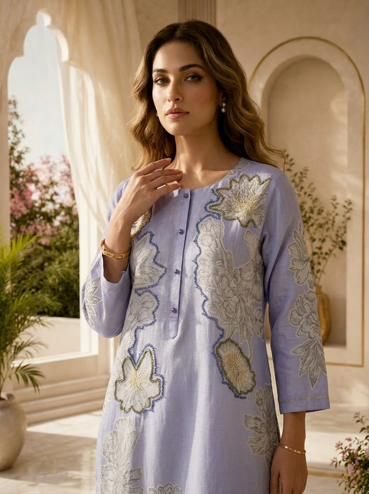 Lavender Floral Design And Beads Embroidered Linen Kurta
