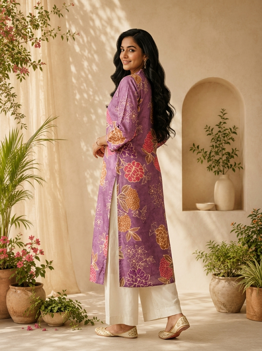 Purple Silk Heavy Floral Digital Printed Kurta