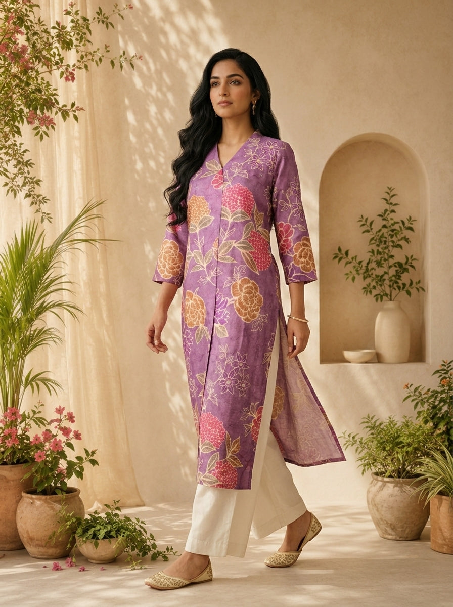 Purple Silk Heavy Floral Digital Printed Kurta