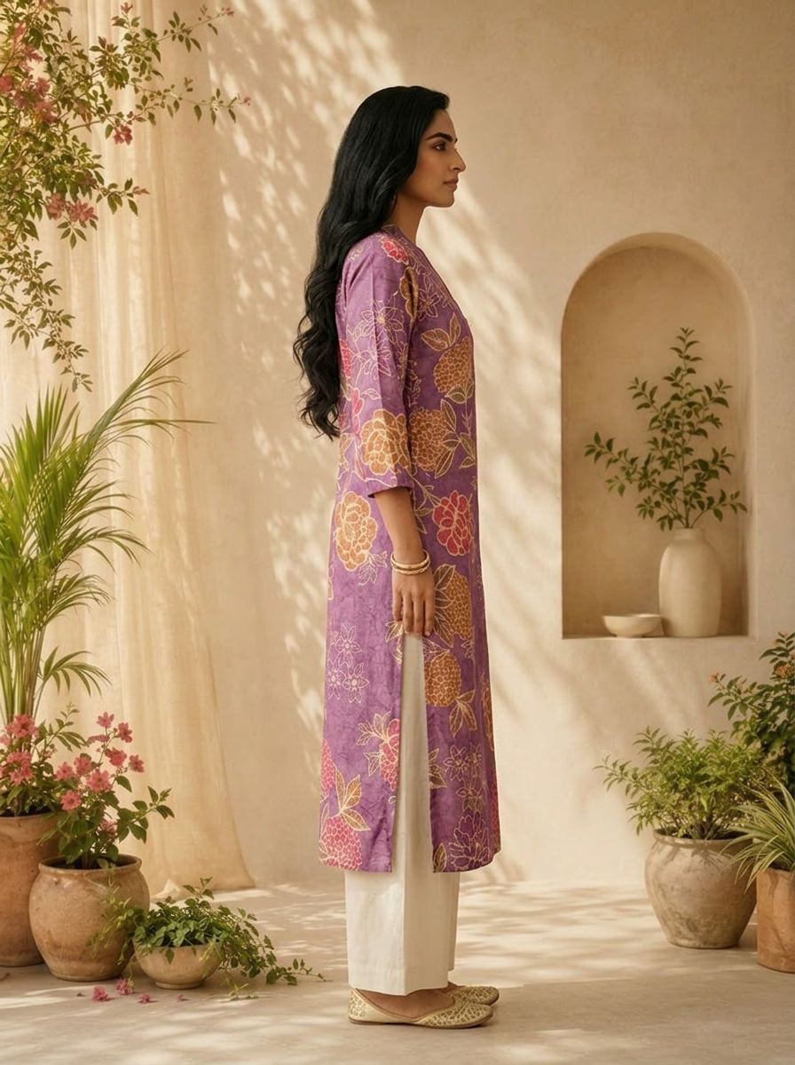 Purple Silk Heavy Floral Digital Printed Kurta