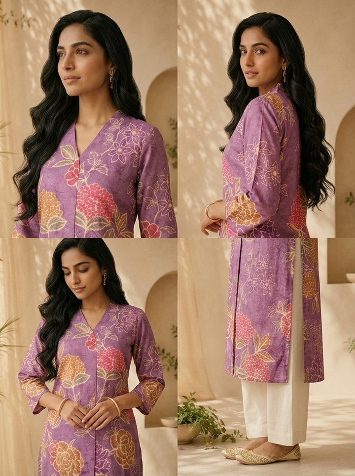 Purple Silk Heavy Floral Digital Printed Kurta