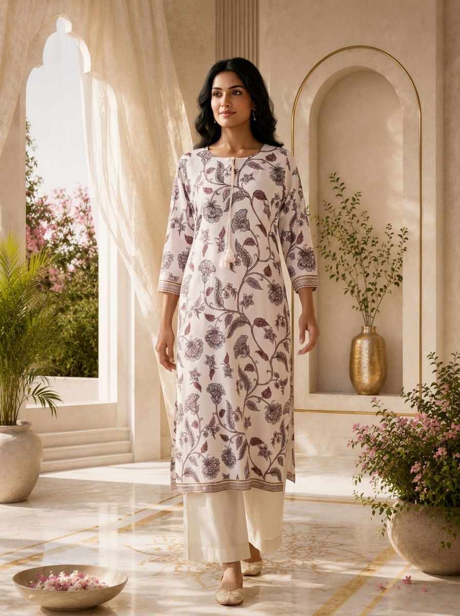 Baby Pink Printed And Beads Embroidered Silk Kurta