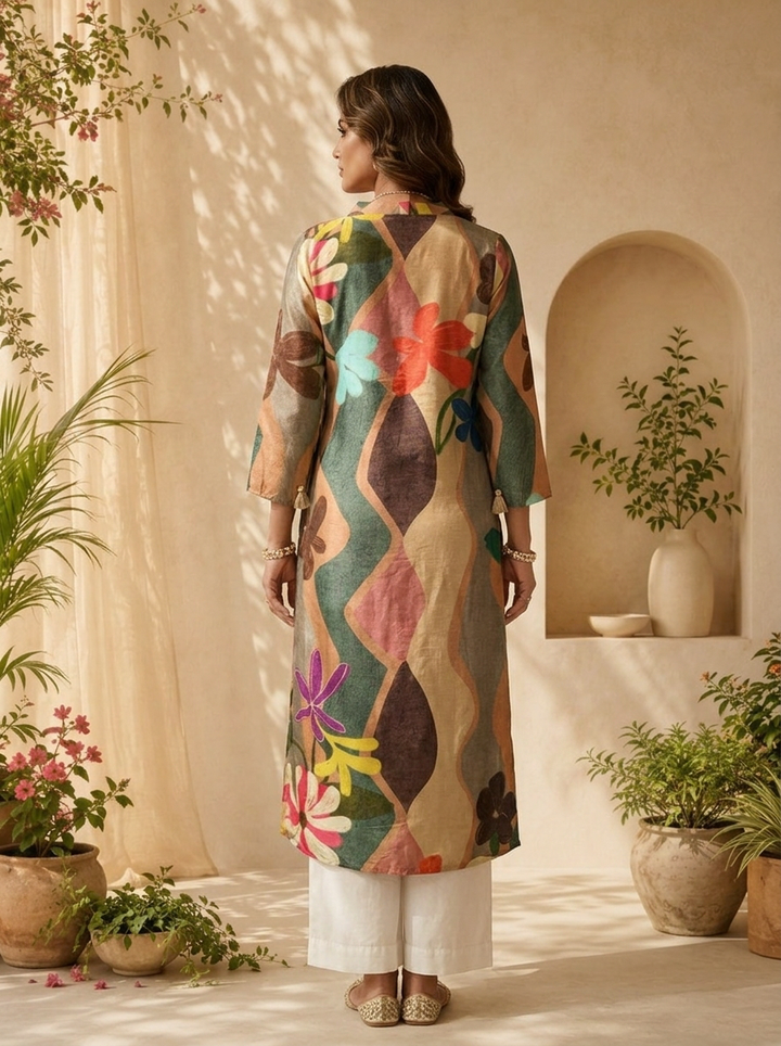 Beige Silk Abstract Design And Floral Printed Kurta