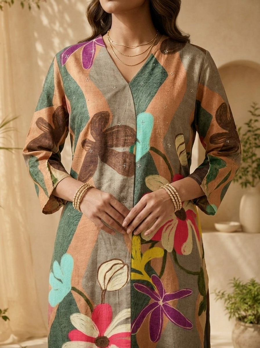 Beige Silk Abstract Design And Floral Printed Kurta