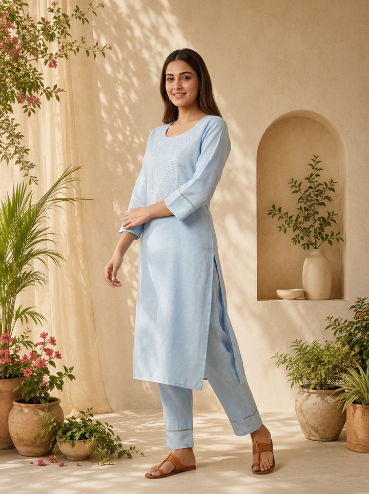 Sky Blue Floral Thread Embroidered Linen Two Piece Set