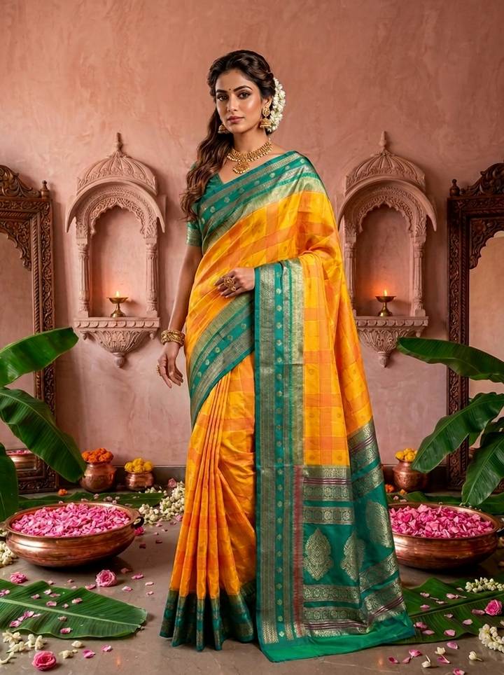 Yellow Banaras Silk Zari Check Design Saree