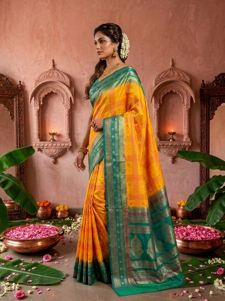 Yellow Banaras Silk Zari Check Design Saree