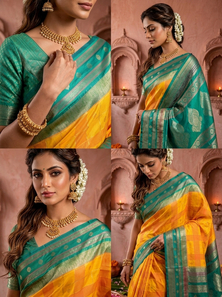 Yellow Banaras Silk Zari Check Design Saree