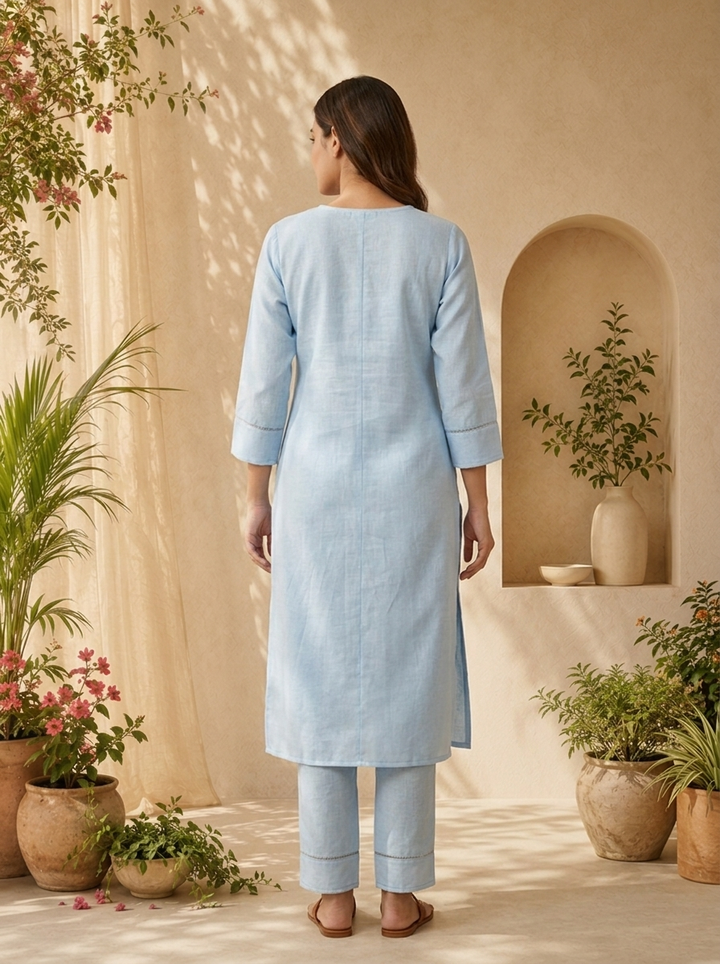 Sky Blue Floral Thread Embroidered Linen Two Piece Set
