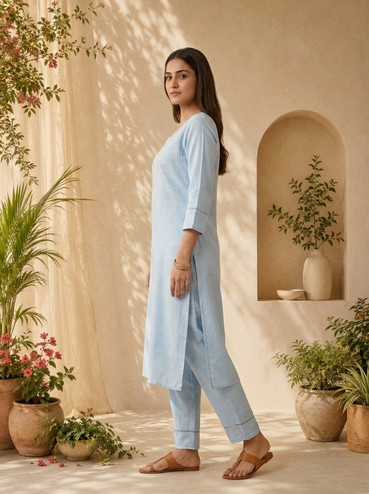 Sky Blue Floral Thread Embroidered Linen Two Piece Set