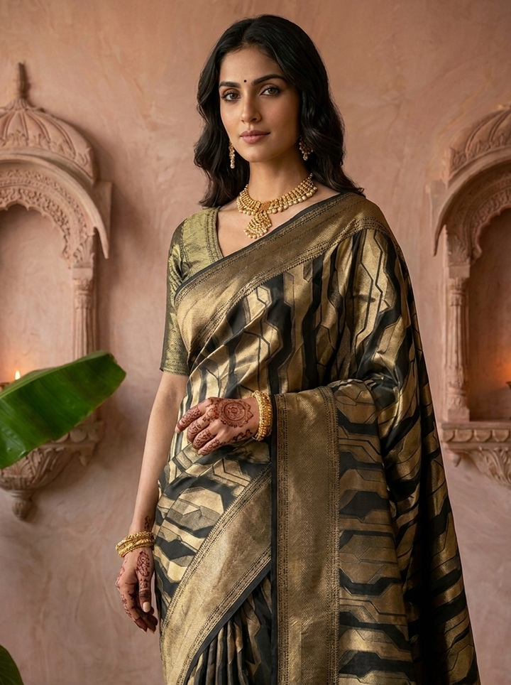 Black Banarasi Silk Saree with Rich Gold Zari Weaving