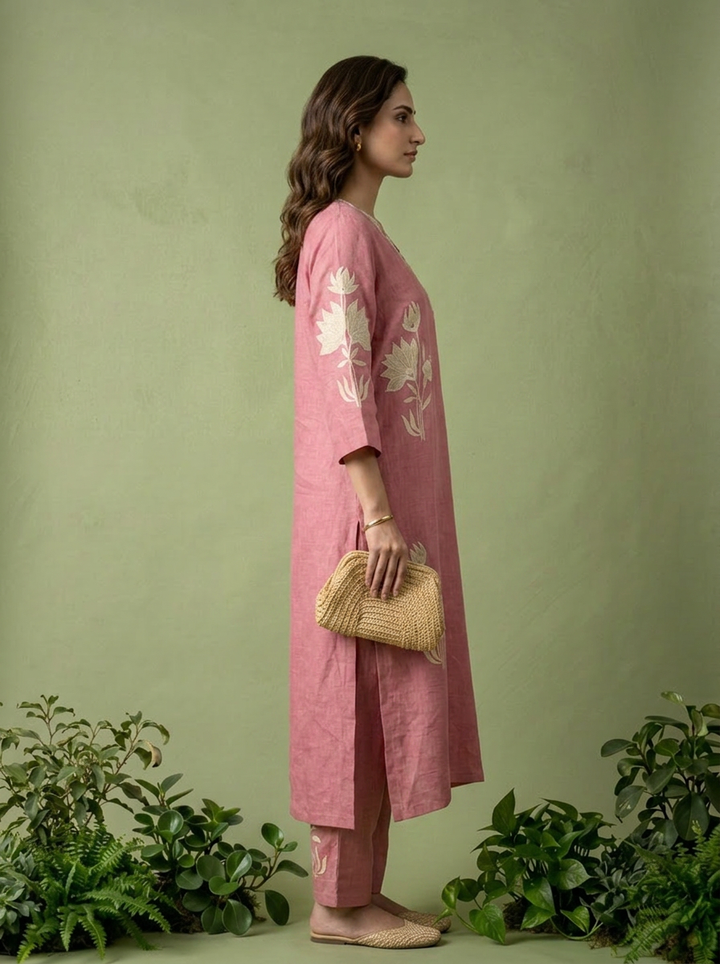 Onion Linen Floral Embroidery Two Piece Set