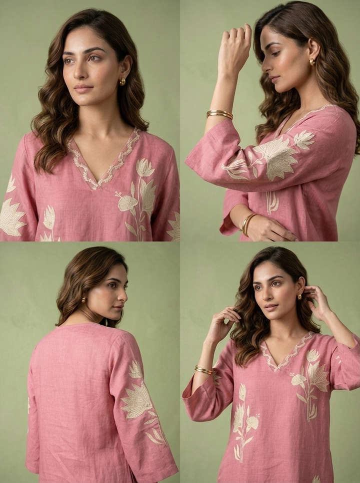 Onion Linen Floral Embroidery Two Piece Set