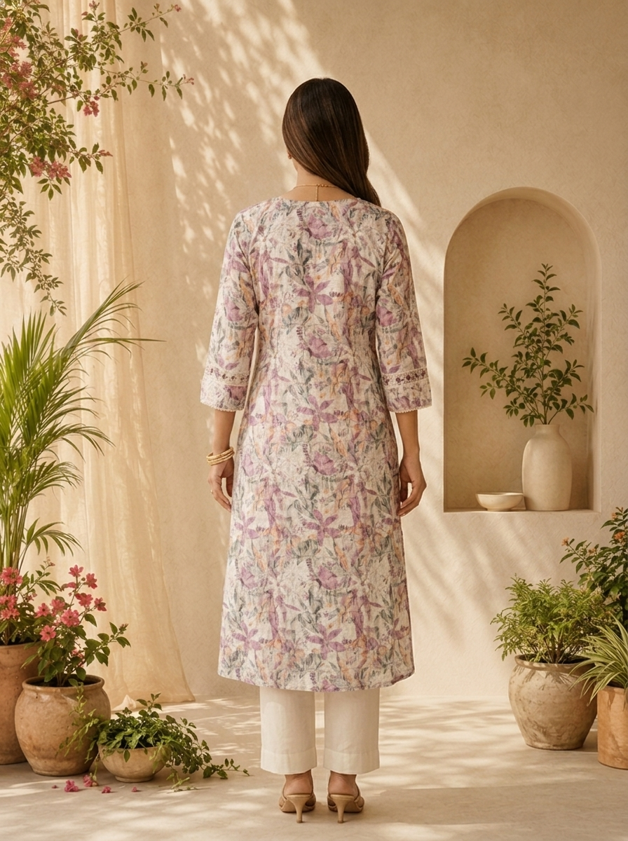 Purple Linen Floral Printed And Thread Embroidery Kurta