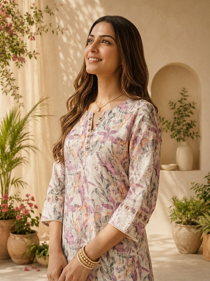 Purple Linen Floral Printed And Thread Embroidery Kurta