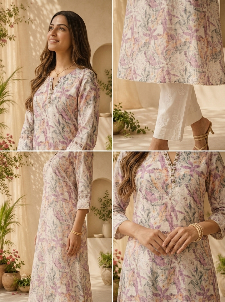 Purple Linen Floral Printed And Thread Embroidery Kurta