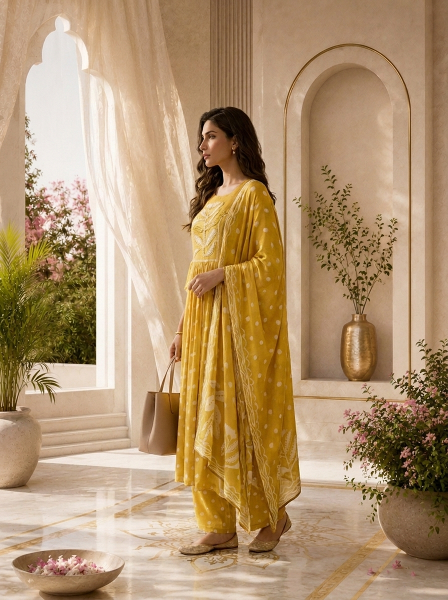 Mehadi Green Chiffon Polka Design Three Piece Set With Floral Printed Dupatta